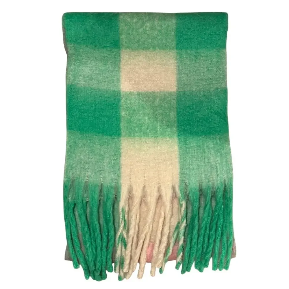 Bloomingdale’s Holiday Plaid Scarf Pastel Pink Green Check Fringe NWT